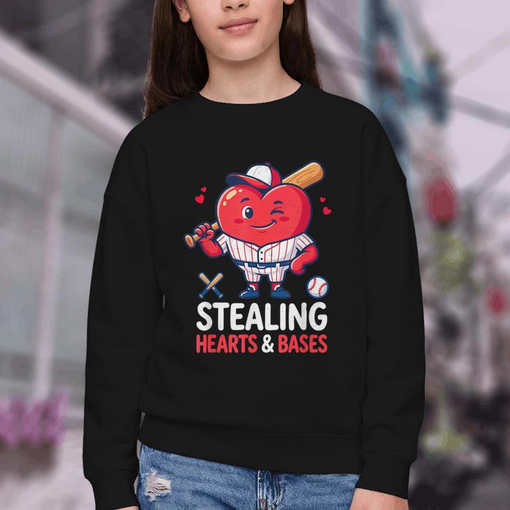 Stealing Hearts And Bases Baseball Player Valentine's Day Youth Crewneck Sweatshirt