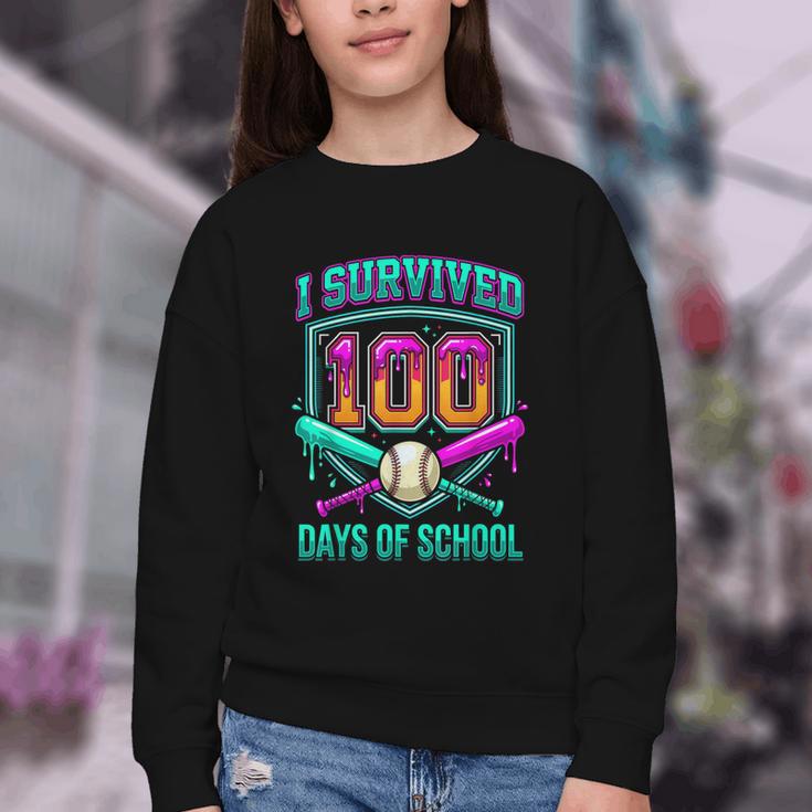 I Survived 100 Days Of School Baseball Drip Youth Crewneck Sweatshirt I Survived 100 Days Of School Baseball Drip Youth Crewneck Sweatshirt