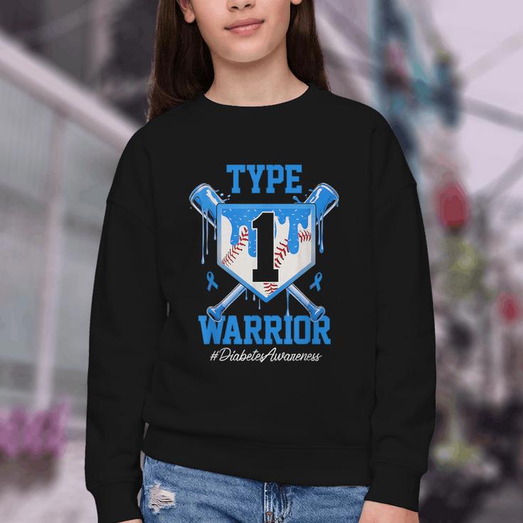 T1D Warrior Baseball Drip Diabetes Awareness Blue Ribbon Youth Crewneck Sweatshirt