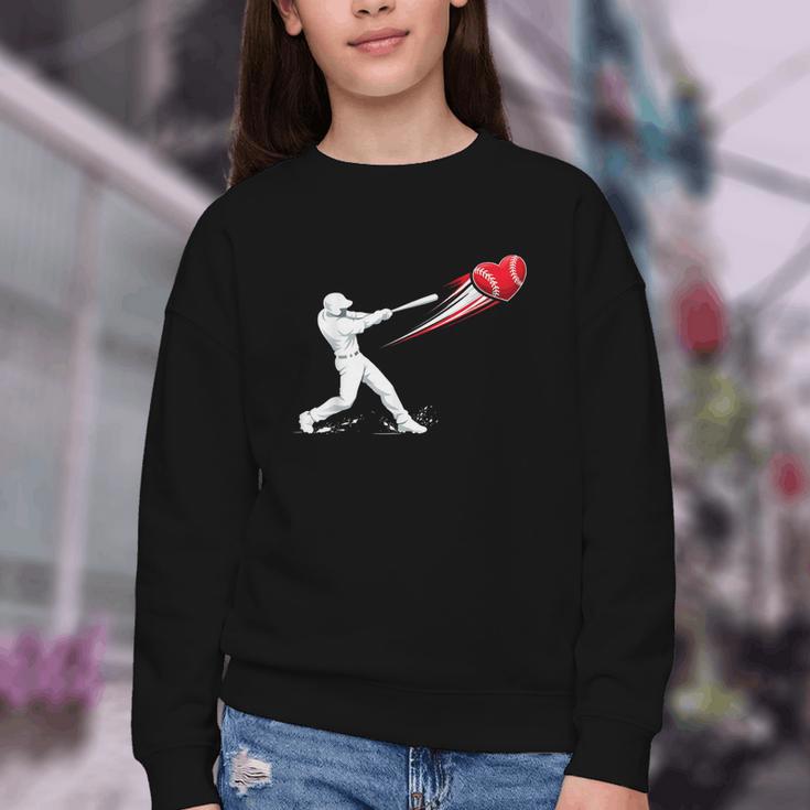 Valentines Day Baseball Batter Silhouette Heart Youth Crewneck Sweatshirt