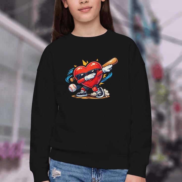 Valentines Day Baseball Dabbing Red Heart Love Boys Youth Crewneck Sweatshirt