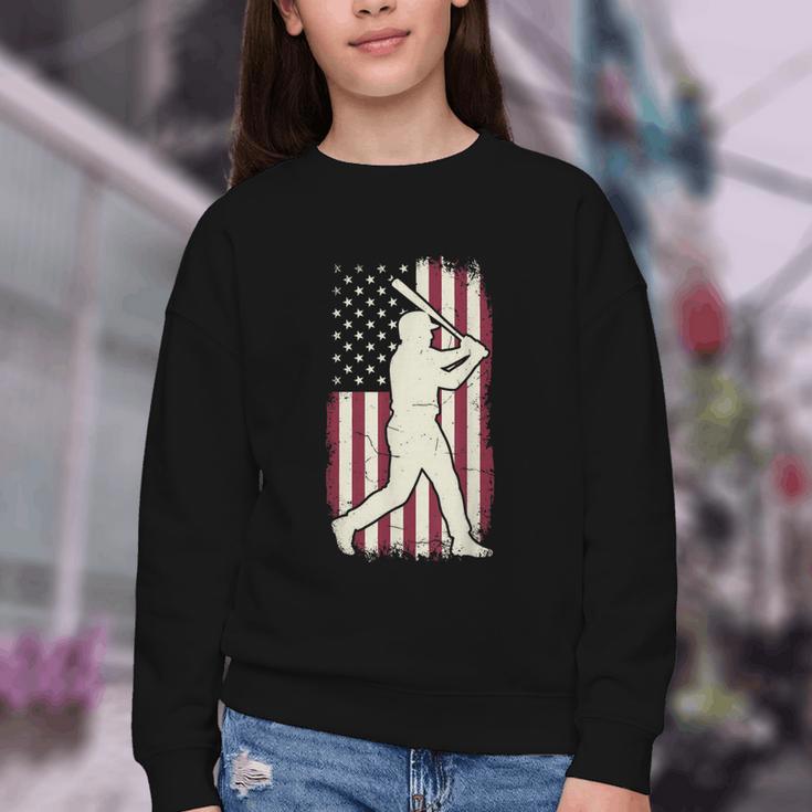 Vintage American Flag Baseball Batter Patriotic Home Run Youth Crewneck Sweatshirt