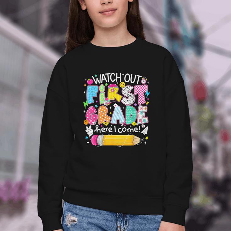 Watch Out First Grade Here I Come Back To School Boy Kids Youth Crewneck Sweatshirt Watch Out First Grade Here I Come Back To School Boy Kids Youth Crewneck Sweatshirt