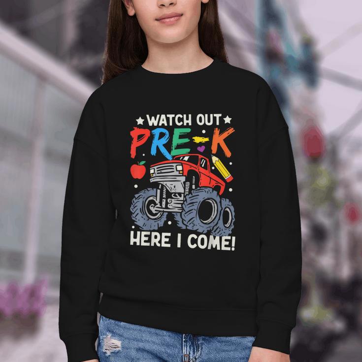 Watch Out Pre-K Here I Come Monster Truck Back To School Youth Crewneck Sweatshirt Watch Out Pre-K Here I Come Monster Truck Back To School Youth Crewneck Sweatshirt