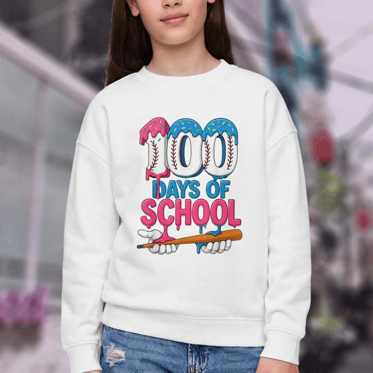 100 Days Of School Baseball Drip Bat 100th Day Of School Boy Youth Crewneck Sweatshirt