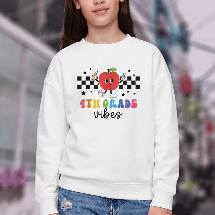 4th Grade Vibes Retro Groovy Apple Back To School Youth Crewneck Sweatshirt