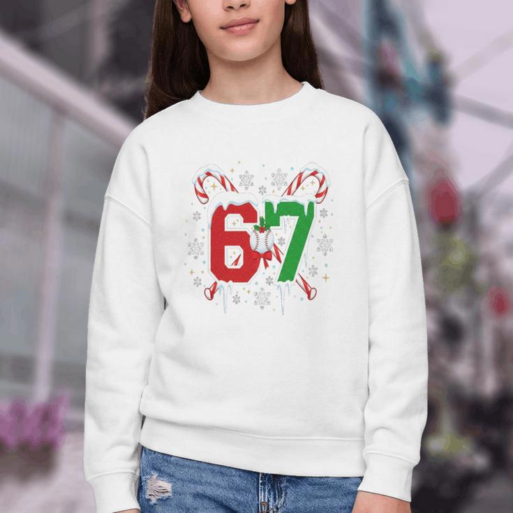 67 Baseball Christmas Candy Cane Snowflake Holiday Sports Youth Crewneck Sweatshirt