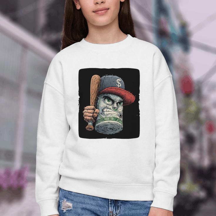 Cool Dollar Bill Guy With Cap And Baseball Costume Premium Tri-Blend Youth Crewneck Sweatshirt
