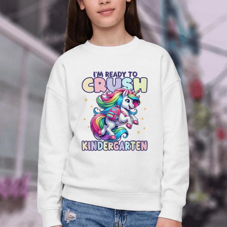 Crush Kindergarten Girls Back To School Unicorn First Day Youth Crewneck Sweatshirt