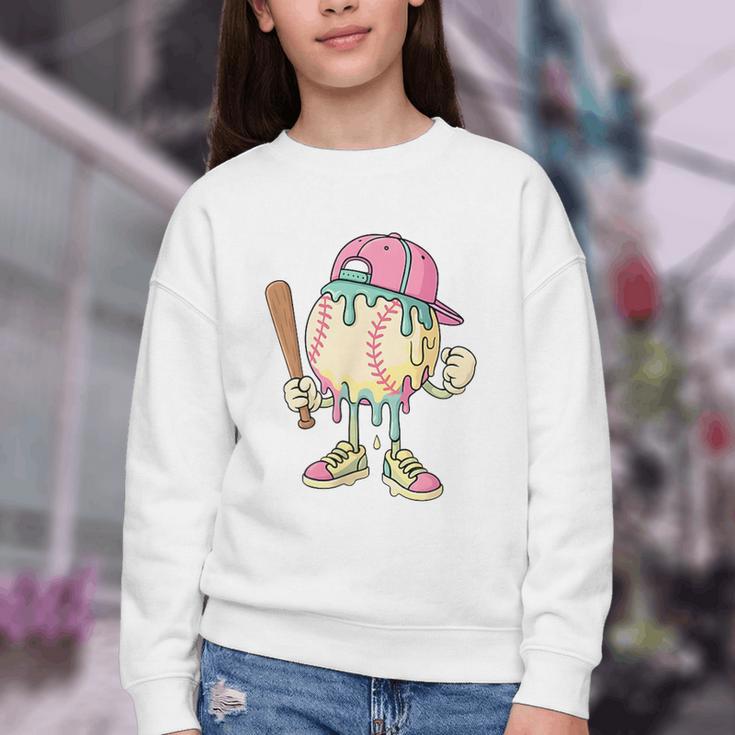 Cute Baseball Ice Cream Drip For Girls & Boys 2 Sides Youth Crewneck Sweatshirt