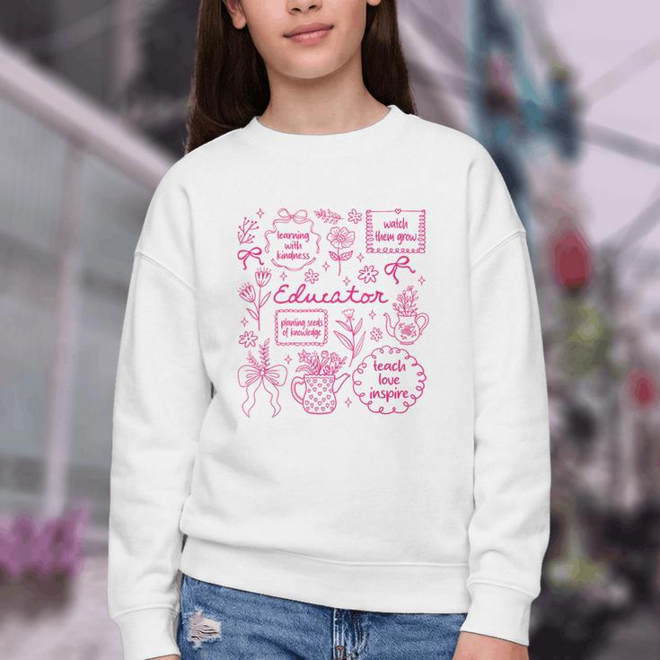 Educator Love Inspire Teach Pink Bow Back To School Youth Crewneck Sweatshirt Educator Love Inspire Teach Pink Bow Back To School Youth Crewneck Sweatshirt