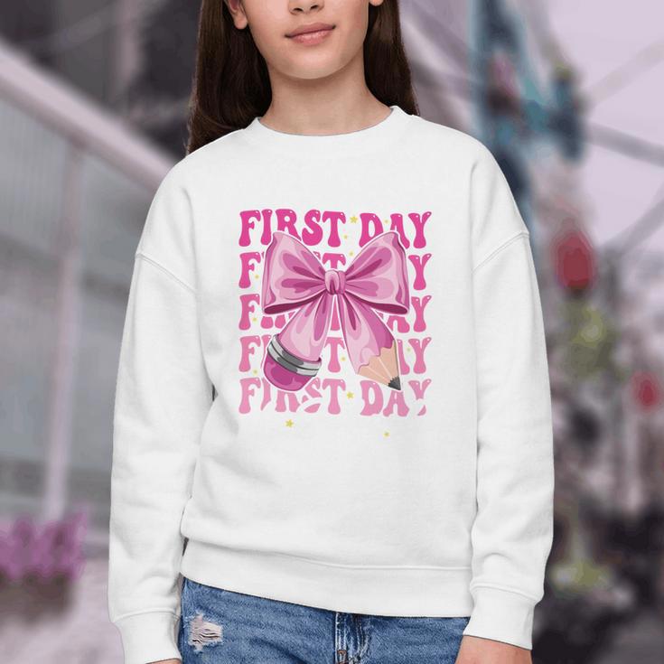 First Day Of School Girls Coquette Bow Back To School Performance Youth Crewneck Sweatshirt First Day Of School Girls Coquette Bow Back To School Performance Youth Crewneck Sweatshirt