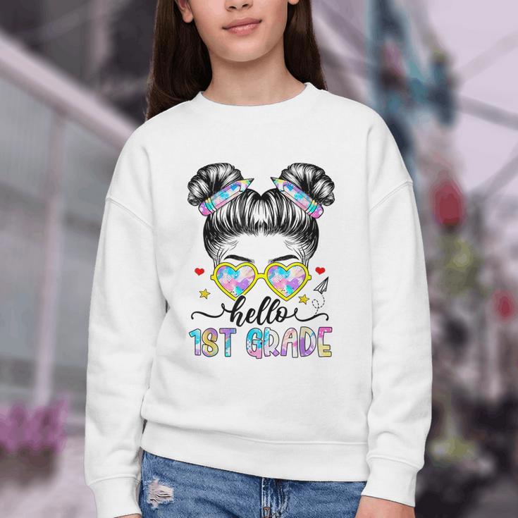 Hello 1st Grade Messy Bun Girl Back To School First Day Youth Crewneck Sweatshirt Hello 1st Grade Messy Bun Girl Back To School First Day Youth Crewneck Sweatshirt