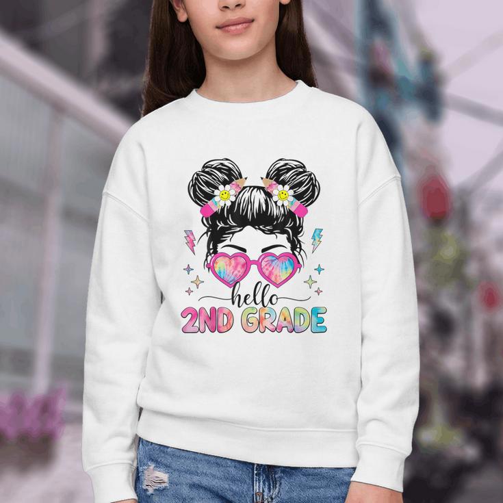 Hello 2nd Grade Messy Bun Back To School First Day Girl Kids Youth Crewneck Sweatshirt Hello 2nd Grade Messy Bun Back To School First Day Girl Kids Youth Crewneck Sweatshirt