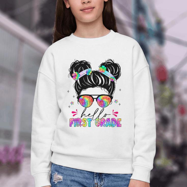 Hello First Grade Shirt Messy Bun Tie Dye Back To School Youth Crewneck Sweatshirt Hello First Grade Shirt Messy Bun Tie Dye Back To School Youth Crewneck Sweatshirt