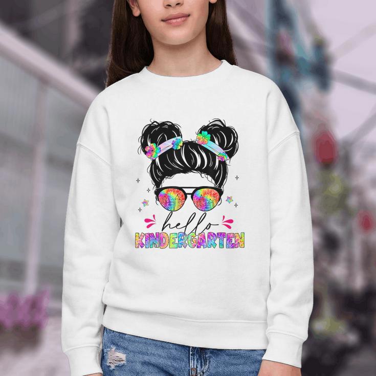 Hello Kindergarten Shirt Messy Bun Tie Dye Back To School Youth Crewneck Sweatshirt Hello Kindergarten Shirt Messy Bun Tie Dye Back To School Youth Crewneck Sweatshirt