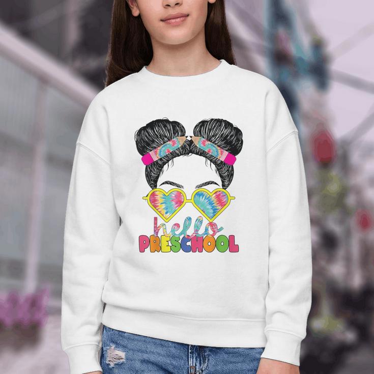 Hello Preschool Messy Bun Tie Dye Back To School Girls Kids Youth Crewneck Sweatshirt