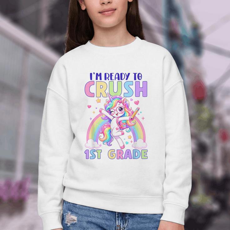 I'm Ready To Crush 1st Grade Unicorn Girls Back To School Youth Crewneck Sweatshirt I'm Ready To Crush 1st Grade Unicorn Girls Back To School Youth Crewneck Sweatshirt