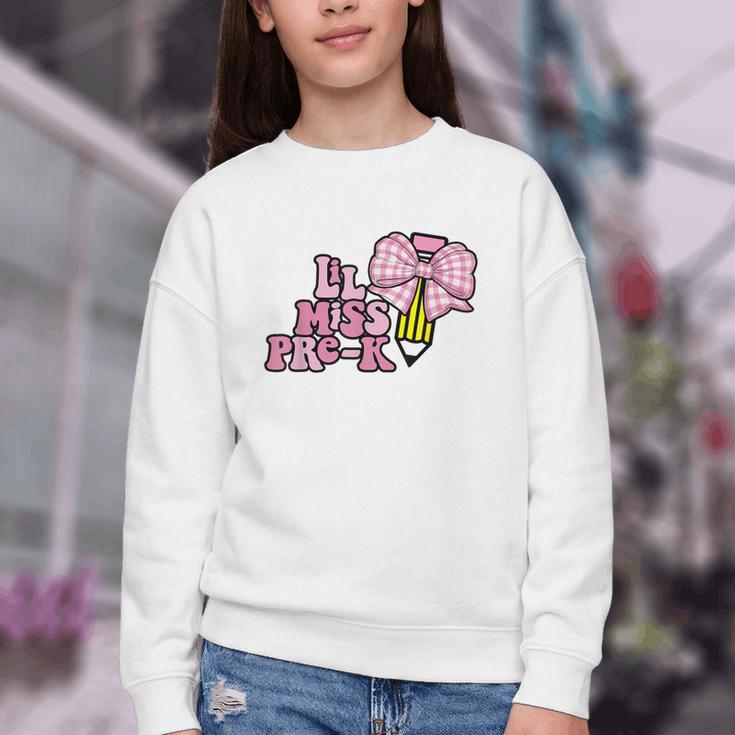 LiL Miss Pre-K Back To School Girls Coquette Bow First Day Youth Crewneck Sweatshirt LiL Miss Pre-K Back To School Girls Coquette Bow First Day Youth Crewneck Sweatshirt