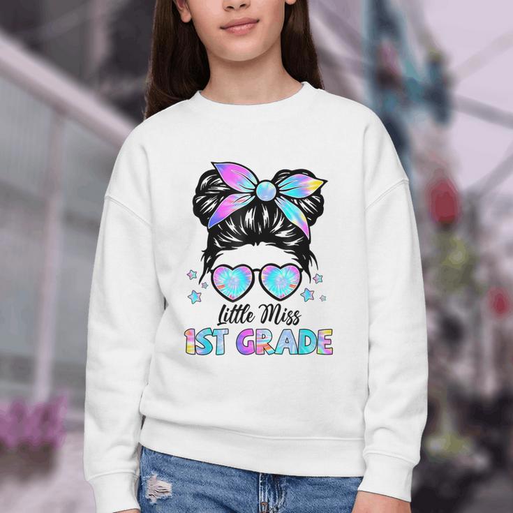 Little Miss 1st Grade Messy Bun Back To School Girls Kids Youth Crewneck Sweatshirt
