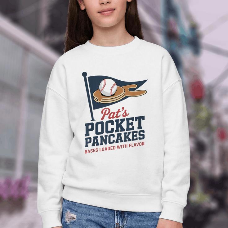 Pat's Pocket Pancakes Flag Baseball On Pancake Youth Crewneck Sweatshirt