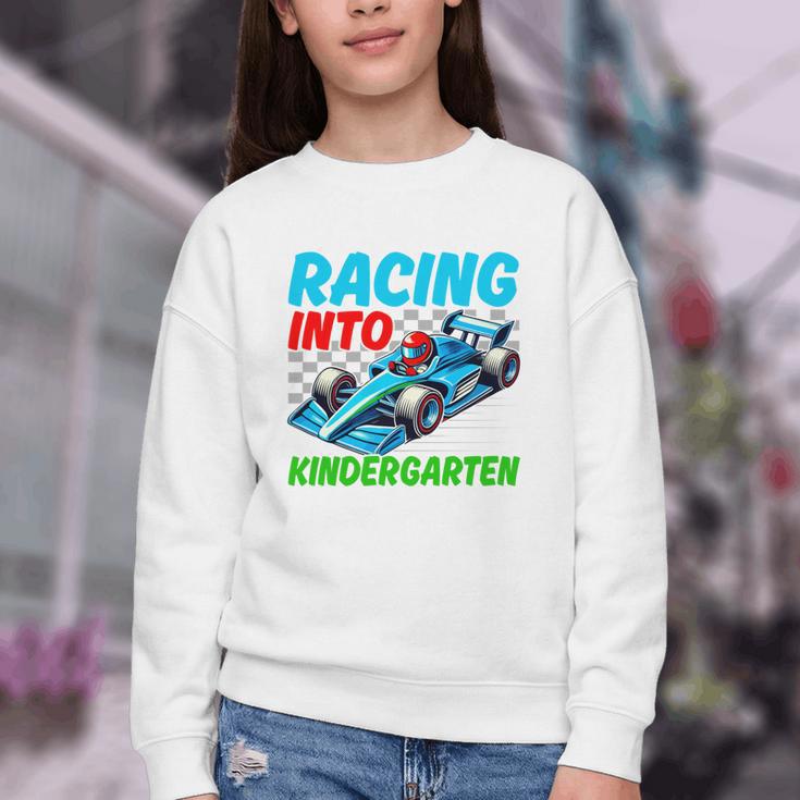Racing Into Kindergarten Race Car Driver Back To School Performance Youth Crewneck Sweatshirt Racing Into Kindergarten Race Car Driver Back To School Performance Youth Crewneck Sweatshirt