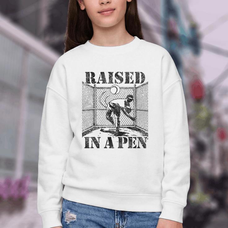 Raised In a Pen Baseball Pitcher Saying Bullpen Youth Crewneck Sweatshirt