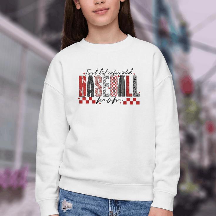 Retro Checkered Tired But Caffeinated Baseball Mom Leopard Youth Crewneck Sweatshirt