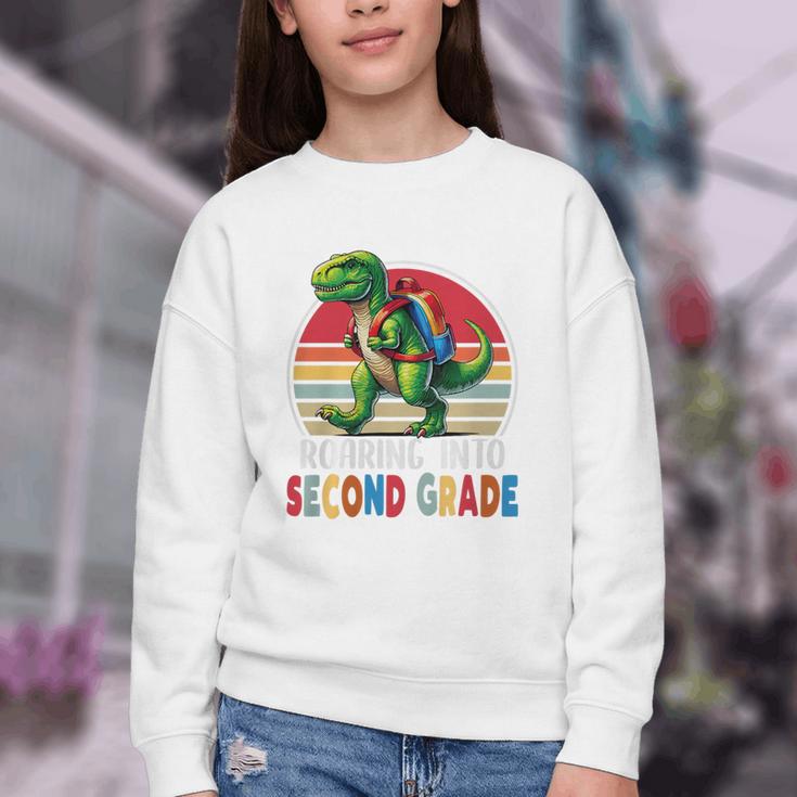 Roaring Into Second Grade T-Rex Back To School 2nd Grade Premium Tri-Blend Youth Crewneck Sweatshirt