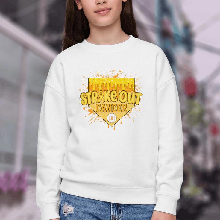 Strike Out Childhood Cancer Boys Baseball Drip Gold Ribbon Youth Crewneck Sweatshirt Strike Out Childhood Cancer Boys Baseball Drip Gold Ribbon Youth Crewneck Sweatshirt