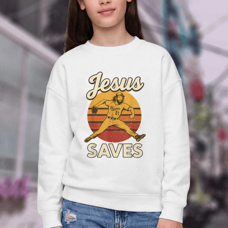Youth Boy Baseball Jesus Saves Christian Baseball Religious Youth Crewneck Sweatshirt
