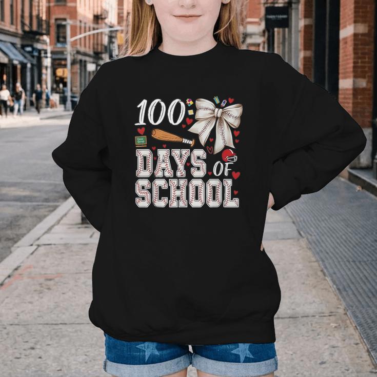 100 Days Of School Baseball 100th Day Of School Coquette Bow Youth Crewneck Sweatshirt