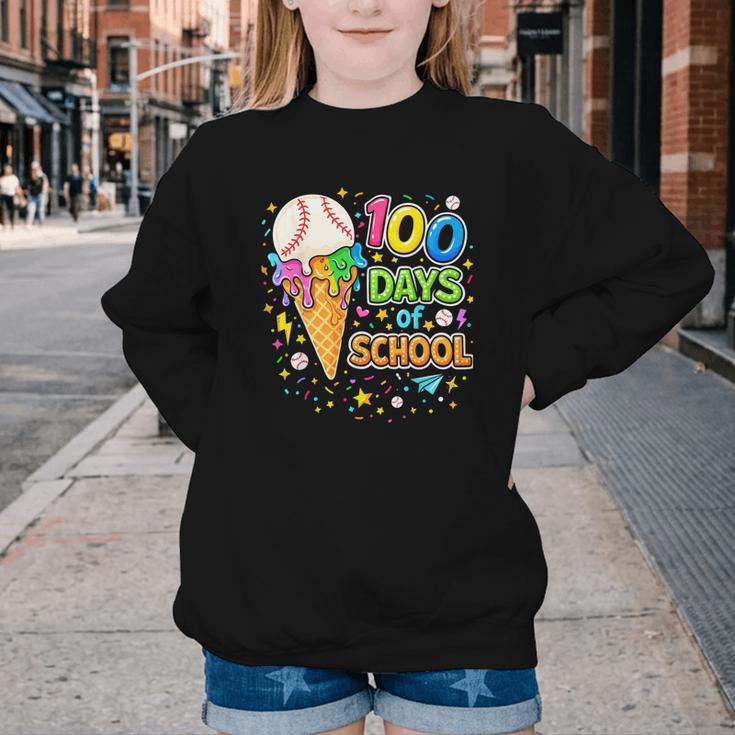100 Days Of School Baseball Ice Cream Drip Boys Kids Player Youth Crewneck Sweatshirt