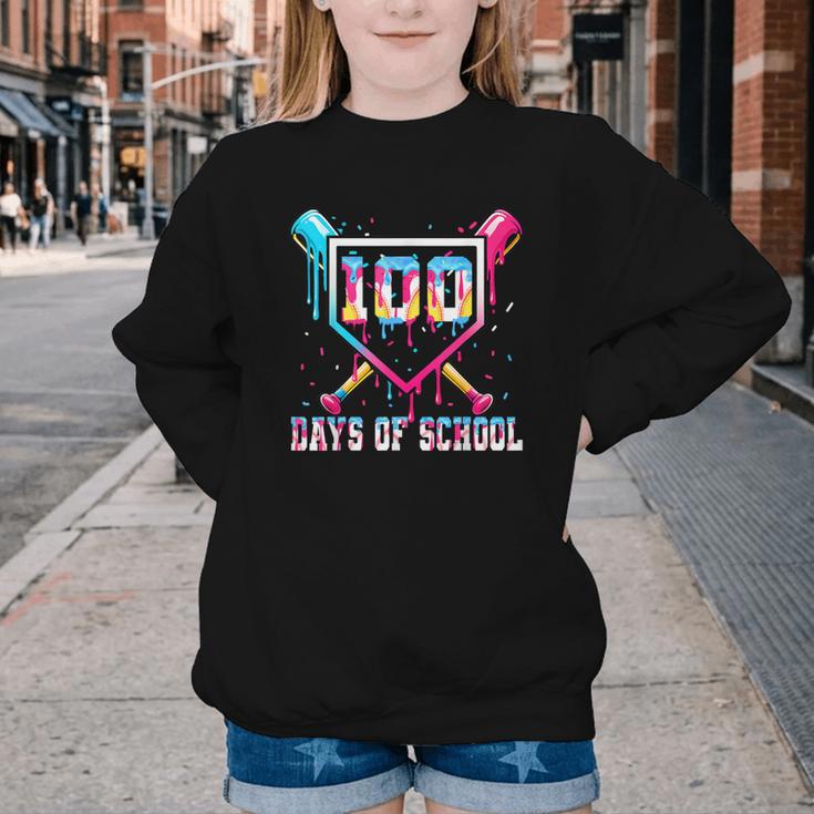 100 Days Of School Boy Kids Baseball Ice Cream Drip Teacher Youth Crewneck Sweatshirt