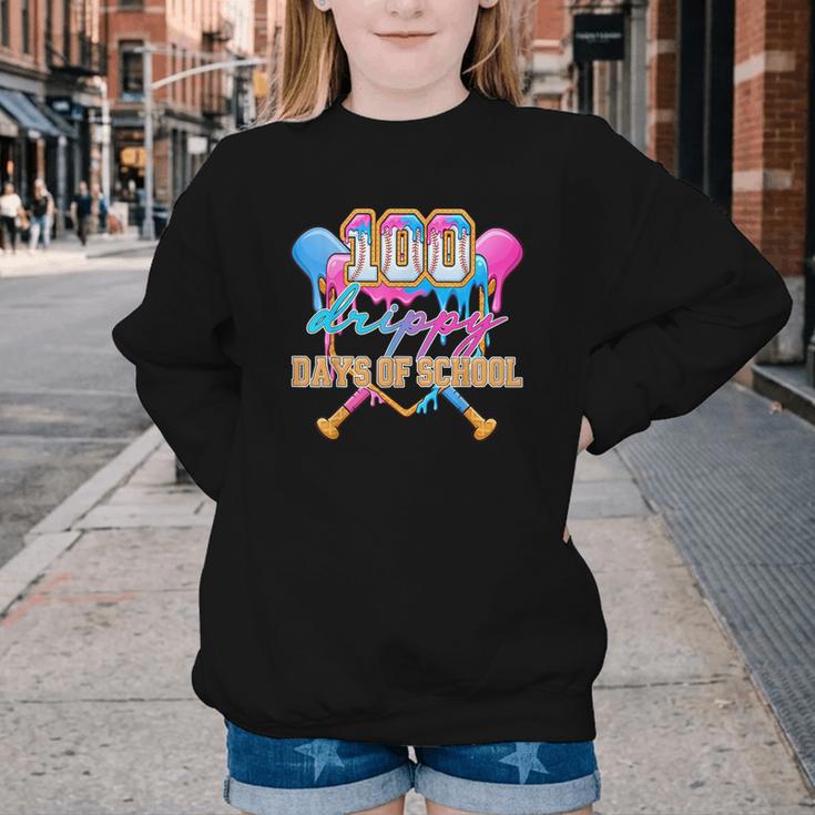 100 Drippy Days Of School Baseball Ice Cream Drip Boys Kids Youth Crewneck Sweatshirt