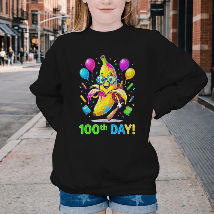 100th Day Of School Banana Baseball Drip For Kids Youth Girl Youth Crewneck Sweatshirt