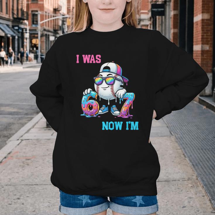 I Was 6 Now I'm 7 Baseball Birthday Drip Ice Cream Boy Youth Crewneck Sweatshirt