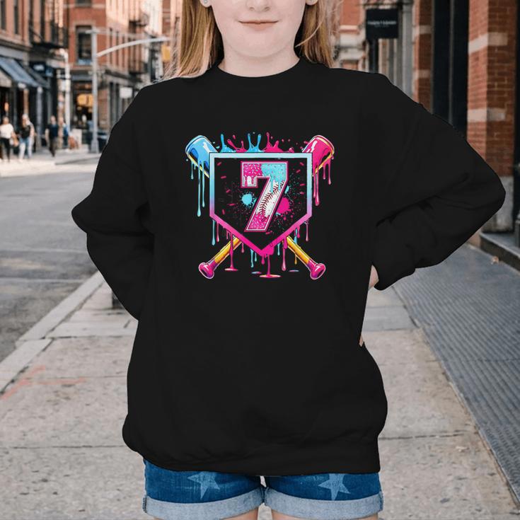 7th Birthday Boys Baseball Ice Cream Drip Boys Baseball Youth Crewneck Sweatshirt
