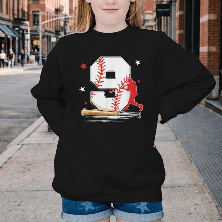 9 Years Old Baseball Birthday Boy 9th Bday Party Youth Crewneck Sweatshirt