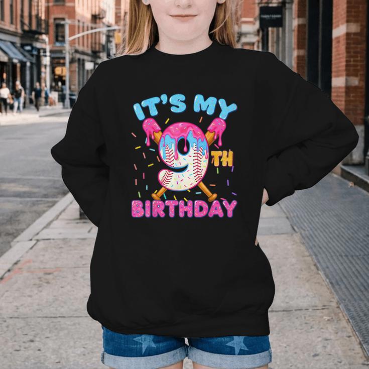 9th Birthday Baseball 9 Year Old Ice Cream Drip Boy Baseball Youth Crewneck Sweatshirt