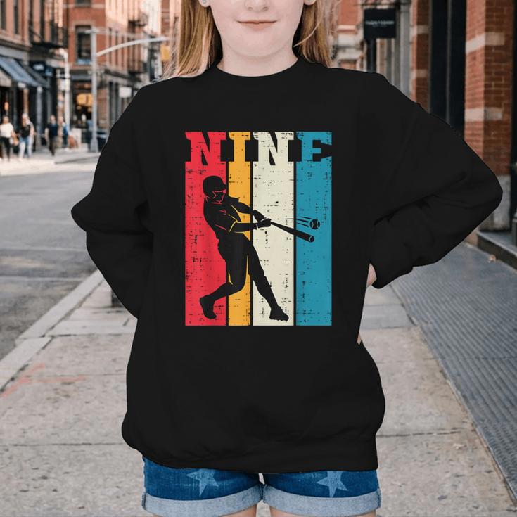 9th Birthday Nine Baseball Batter 9 Year Old Bday Boys Kids Youth Crewneck Sweatshirt