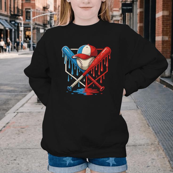 American Baseball Drip Graffiti Ball And Bat Youth Crewneck Sweatshirt
