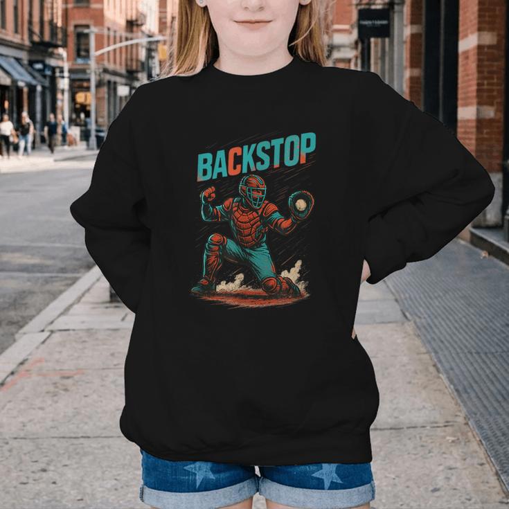 Backstop Catcher Baseball Graphic Youth Crewneck Sweatshirt Backstop Catcher Baseball Graphic Youth Crewneck Sweatshirt