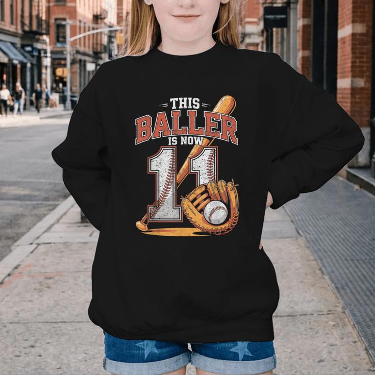 This Baller Is Now 11 Year Baseball Player 11th Birthday Boy Youth Crewneck Sweatshirt This Baller Is Now 11 Year Baseball Player 11th Birthday Boy Youth Crewneck Sweatshirt