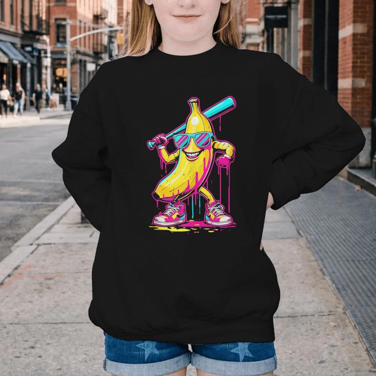 Banana With Baseball Bat Street Baseball Drip Youth Crewneck Sweatshirt