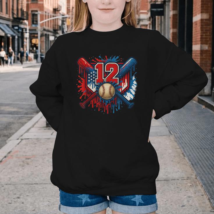 Baseball 12 Year Old Splash Drip 12th Birthday Boy Number 12 Youth Crewneck Sweatshirt