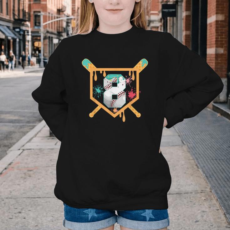 Baseball 8 Year Old Ice Cream Drip 8th Birthday Boy Number 8 Youth Crewneck Sweatshirt