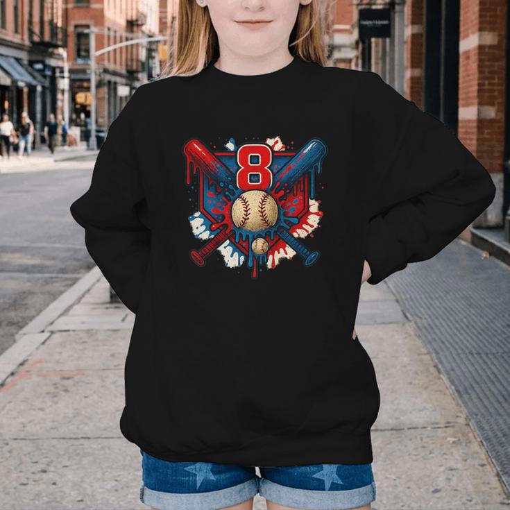Baseball 8 Year Old Splash Drip 8th Birthday Boy Number 8 Youth Crewneck Sweatshirt