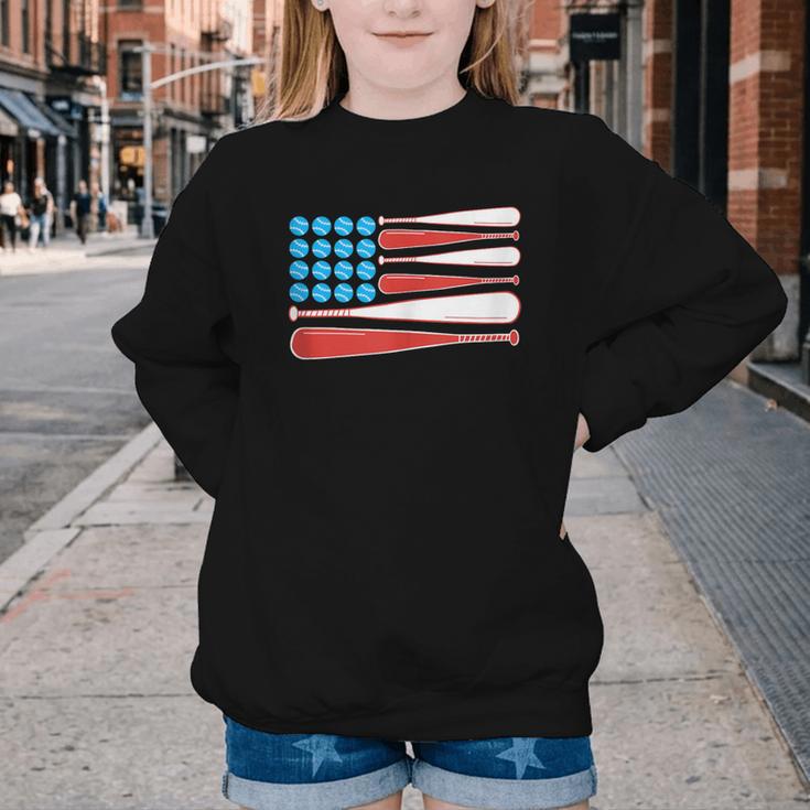 Baseball American Flag Patriotic USA Pride Youth Crewneck Sweatshirt