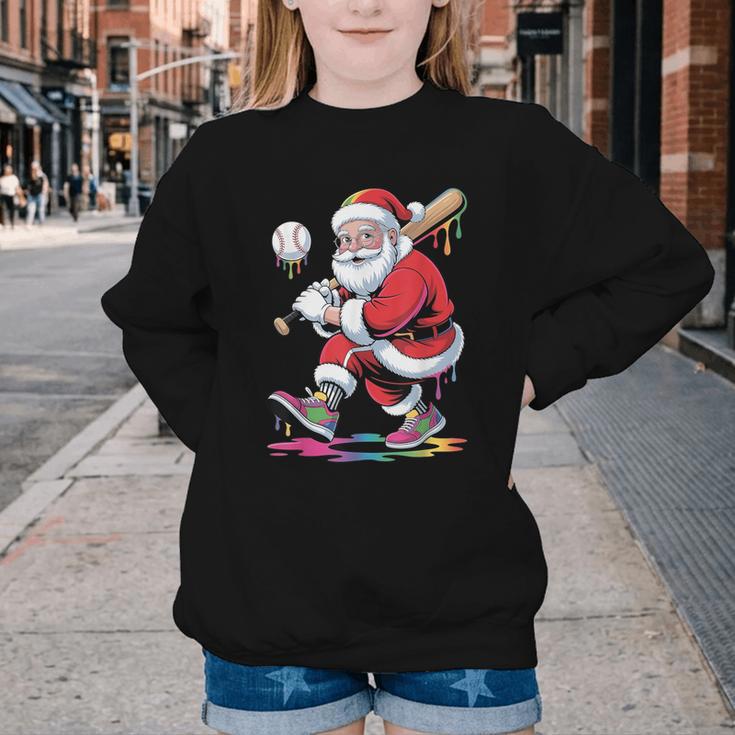 Baseball Christmas Santa Claus Batter Baseball Drip Youth Crewneck Sweatshirt